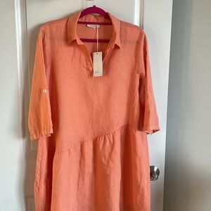 Bellaumbra light orange 3/4 sleeve 100% linen dress NWT